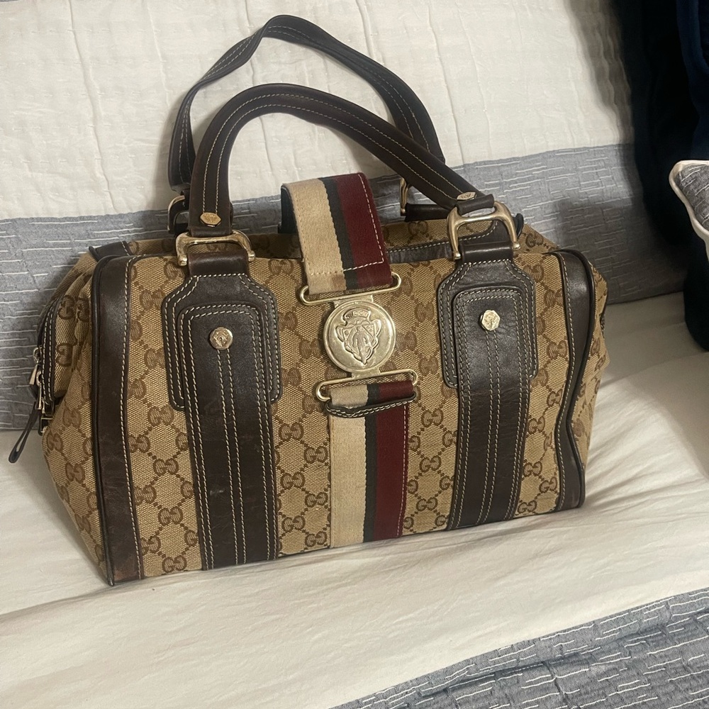 Gucci Beige and Red Monogram Duffel Bag
